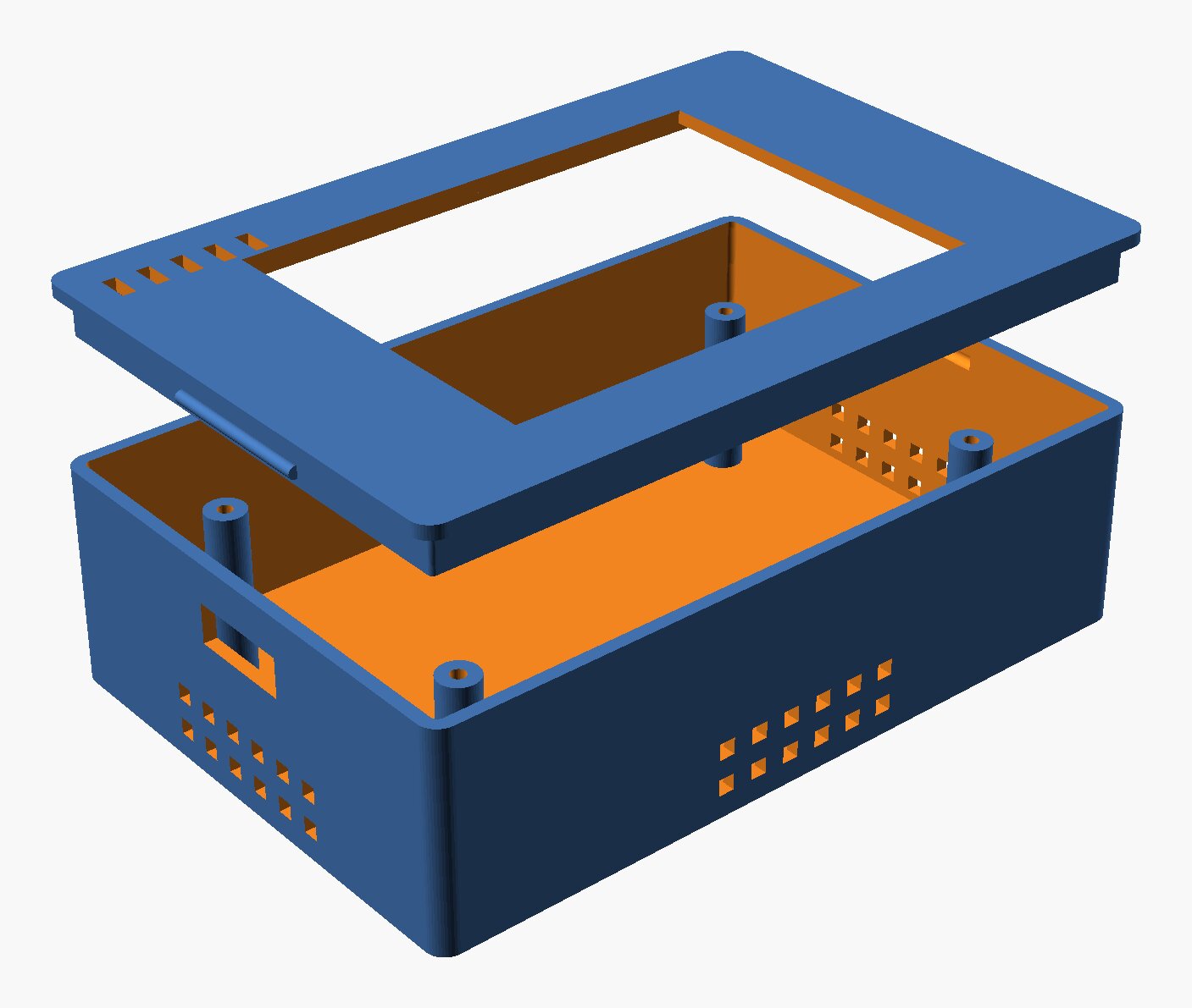 OpenSCAD render of the two-piece enclosure, exploded. The blue base box has four corner standoffs inside, a rectangular USB-C opening in the side wall and rows of square vent holes. The lid floats above it with a large display window, five exhaust slots and a snap bead on its skirt.